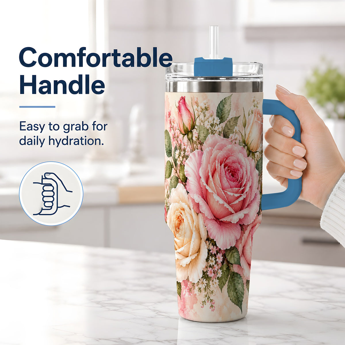 #pl[40oz|Blue] Pink Rose Floral Tumbler, 40oz Tumbler with Soft Watercolor Artwork
