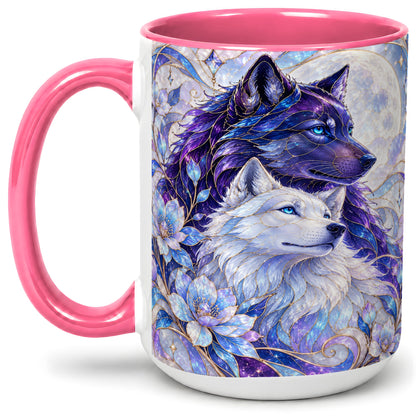 #pl[15oz|Pink] Wolf Moon Ceramic Mug, Celestial Floral Artwork