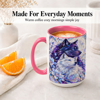 #pl[15oz|Pink] Wolf Moon Ceramic Mug, Celestial Floral Artwork