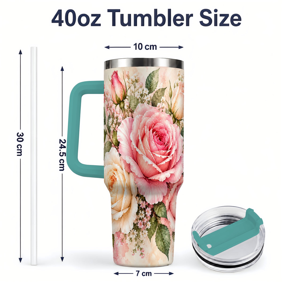 #pl[40oz|Green] Pink Rose Floral Tumbler, 40oz Tumbler with Soft Watercolor Artwork