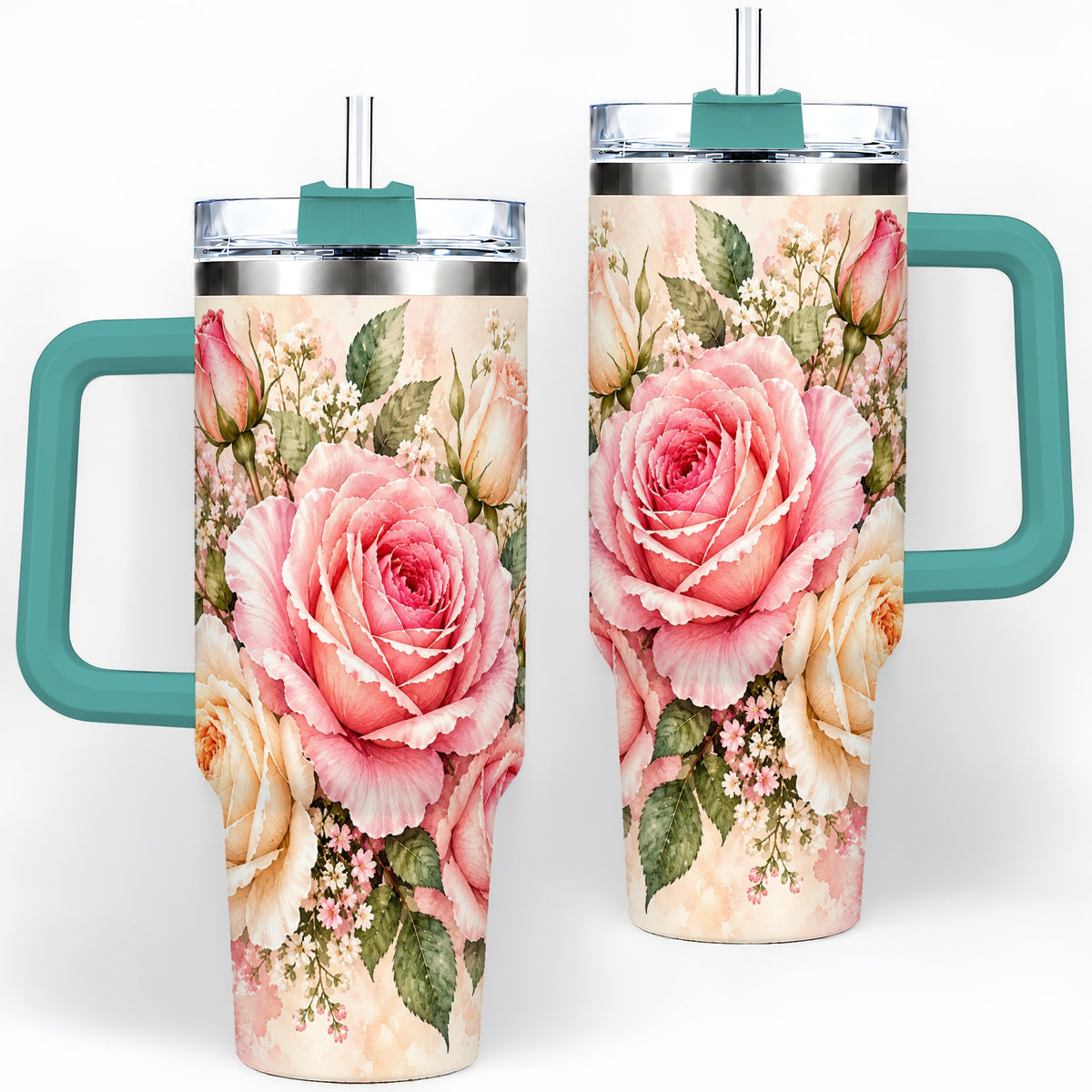 #pl[40oz|Green] Pink Rose Floral Tumbler, 40oz Tumbler with Soft Watercolor Artwork
