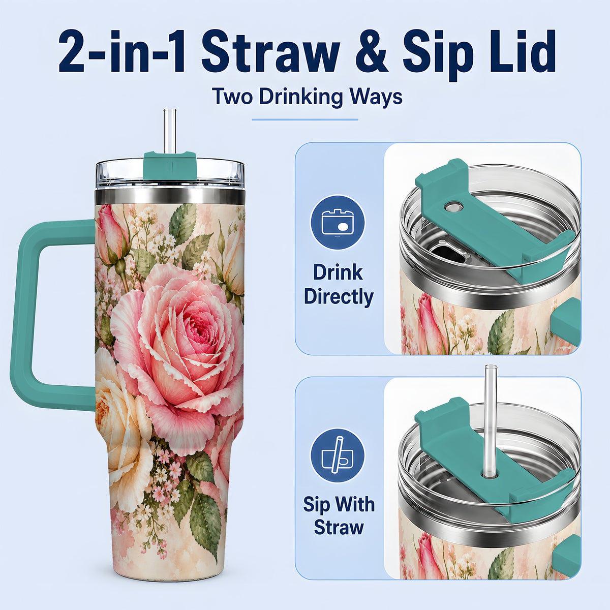 #pl[40oz|Green] Pink Rose Floral Tumbler, 40oz Tumbler with Soft Watercolor Artwork
