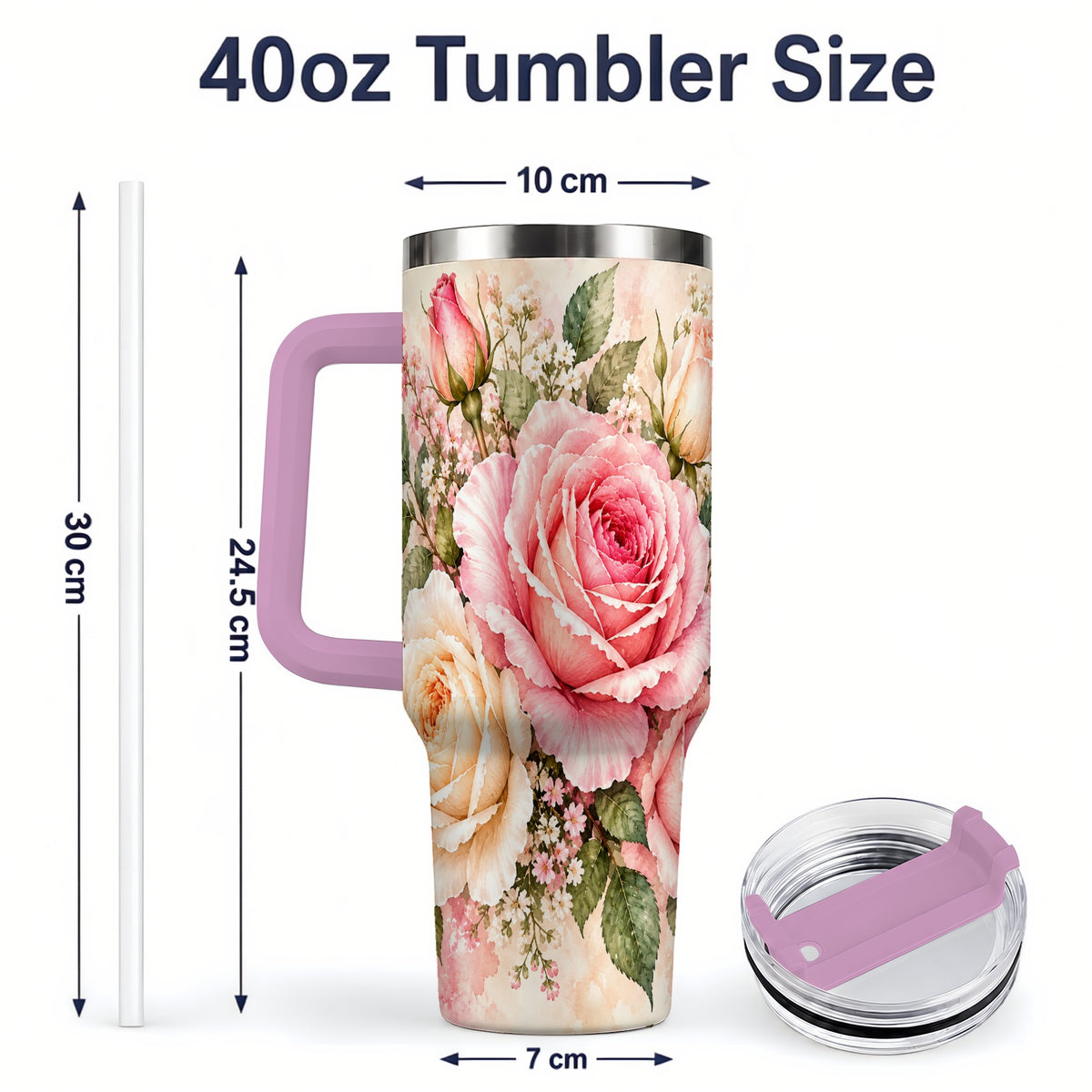 #pl[40oz|Pink] Pink Rose Floral Tumbler, 40oz Tumbler with Soft Watercolor Artwork