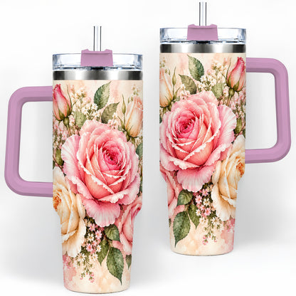 #pl[40oz|Pink] Pink Rose Floral Tumbler, 40oz Tumbler with Soft Watercolor Artwork