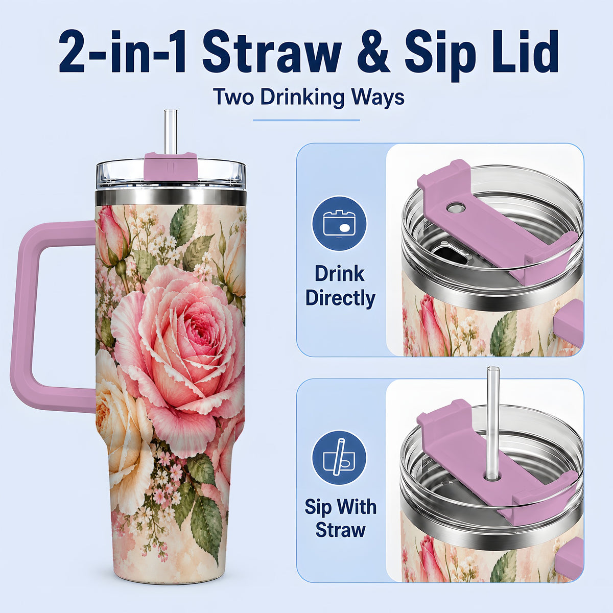 #pl[40oz|Pink] Pink Rose Floral Tumbler, 40oz Tumbler with Soft Watercolor Artwork