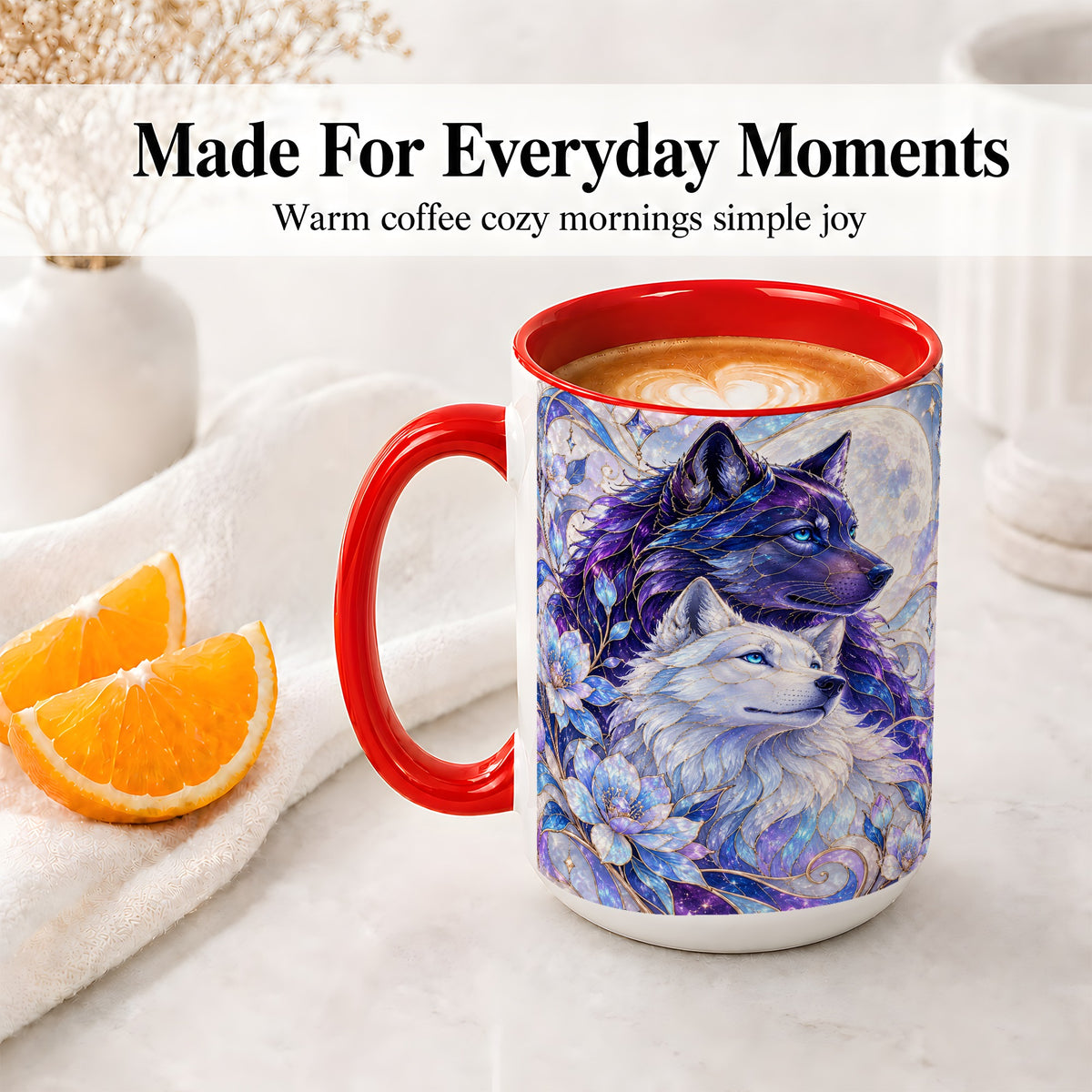 #pl[15oz|Red] Wolf Moon Ceramic Mug, Celestial Floral Artwork