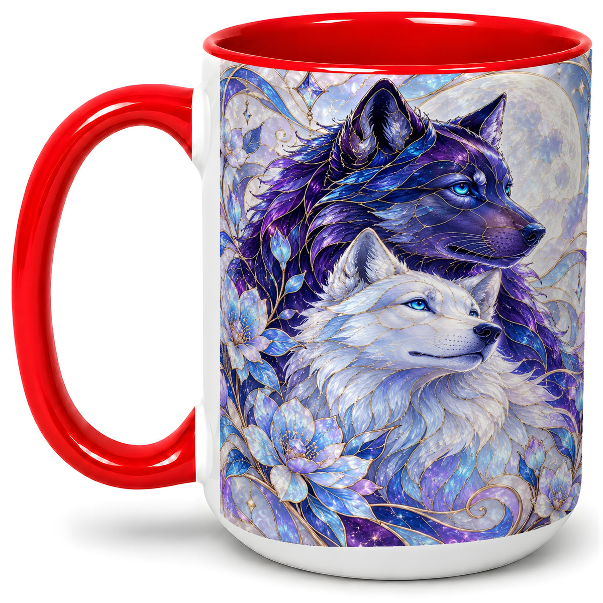 #pl[15oz|Red] Wolf Moon Ceramic Mug, Celestial Floral Artwork