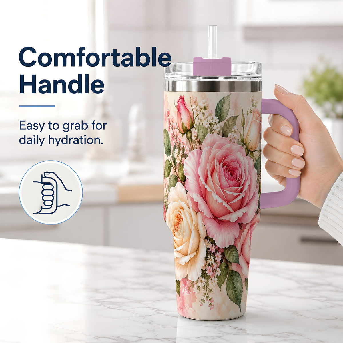 #pl[40oz|Pink] Pink Rose Floral Tumbler, 40oz Tumbler with Soft Watercolor Artwork