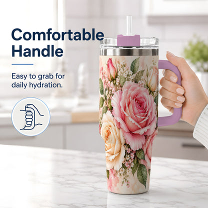 #pl[40oz|Pink] Pink Rose Floral Tumbler, 40oz Tumbler with Soft Watercolor Artwork