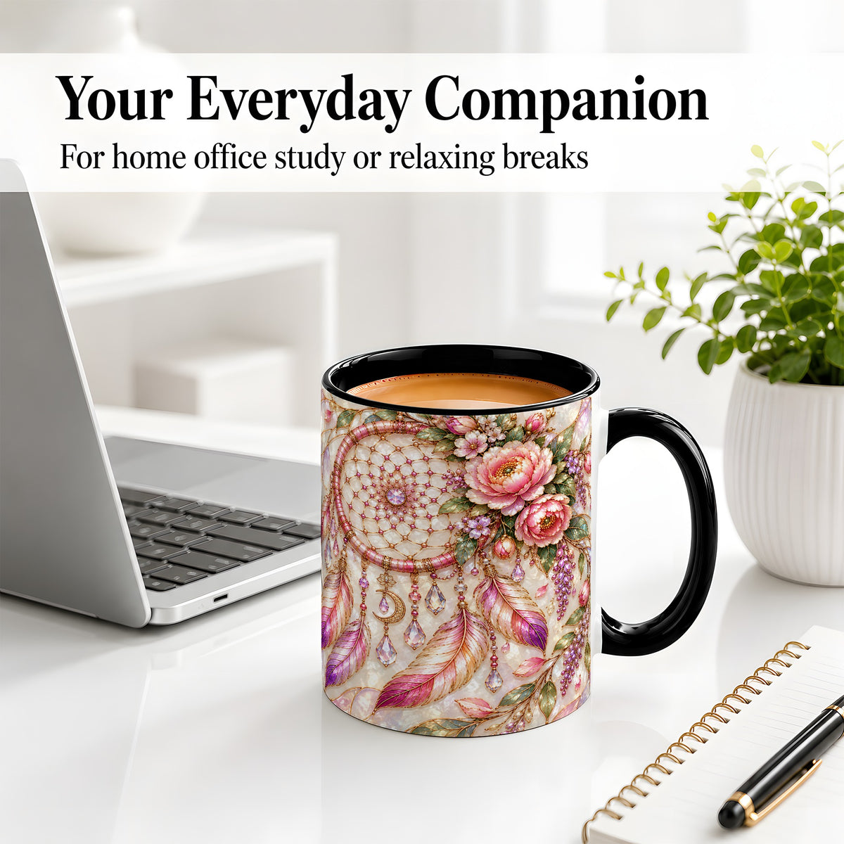 #pl[11oz|Black] Floral Dreamcatcher Ceramic Mug, Pink Boho Artwork