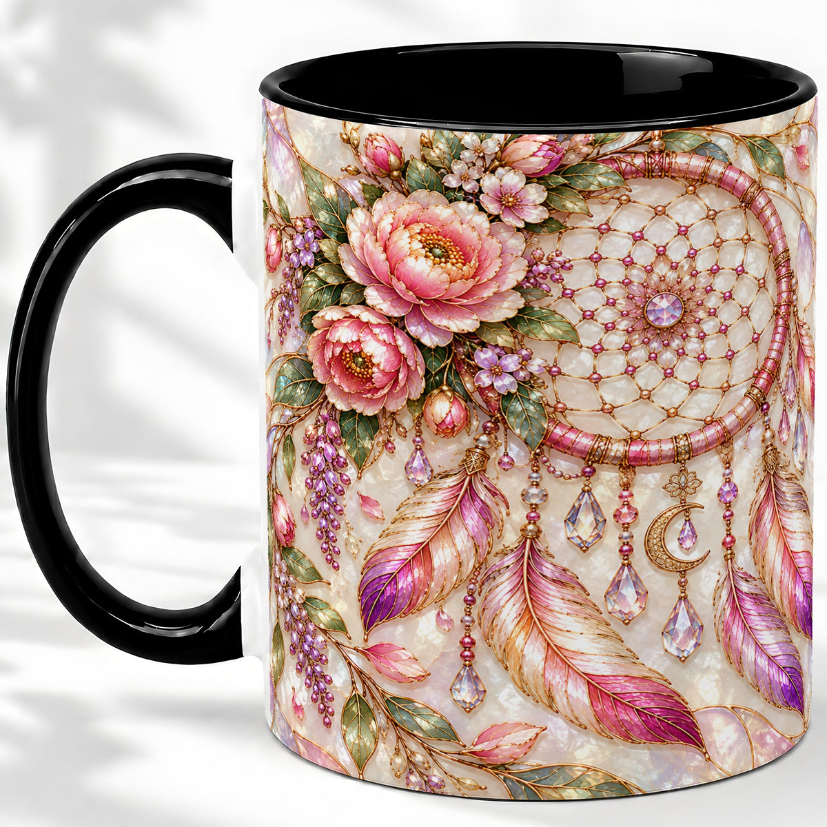 #pl[11oz|Black] Floral Dreamcatcher Ceramic Mug, Pink Boho Artwork
