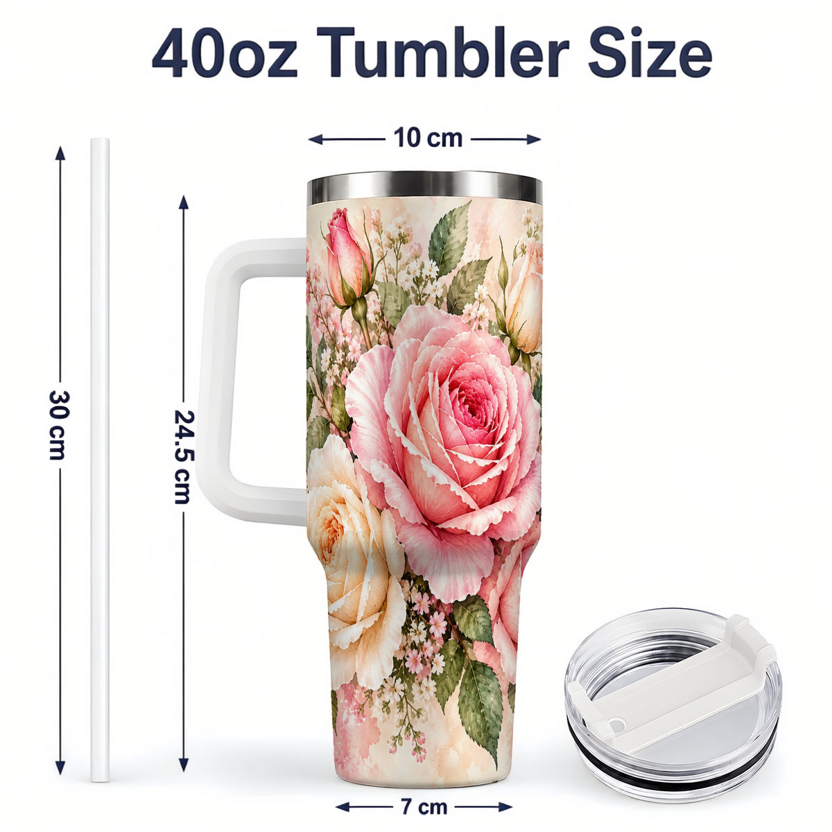 #pl[40oz|White] Pink Rose Floral Tumbler, 40oz Tumbler with Soft Watercolor Artwork