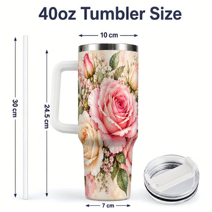 #pl[40oz|White] Pink Rose Floral Tumbler, 40oz Tumbler with Soft Watercolor Artwork
