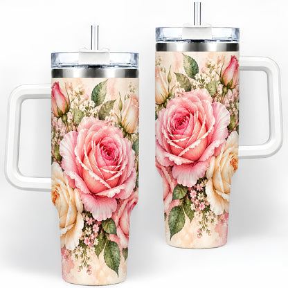 Pink Rose Floral Tumbler, 40oz Tumbler with Soft Watercolor Artwork