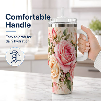 #pl[40oz|White] Pink Rose Floral Tumbler, 40oz Tumbler with Soft Watercolor Artwork