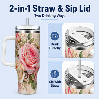 #pl[40oz|White] Pink Rose Floral Tumbler, 40oz Tumbler with Soft Watercolor Artwork