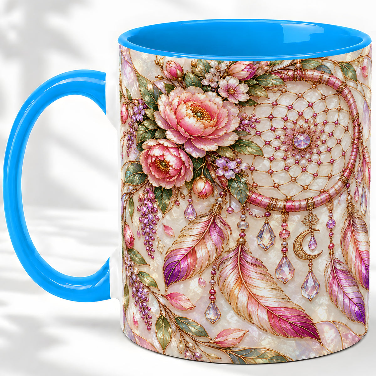#pl[11oz|Blue] Floral Dreamcatcher Ceramic Mug, Pink Boho Artwork