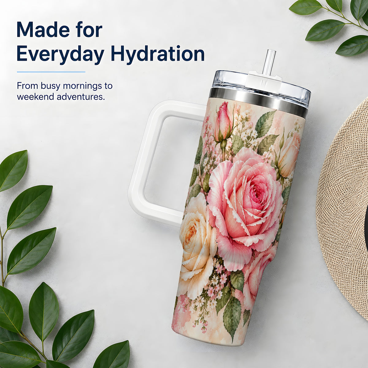 Pink Rose Floral Tumbler, 40oz Tumbler with Soft Watercolor Artwork