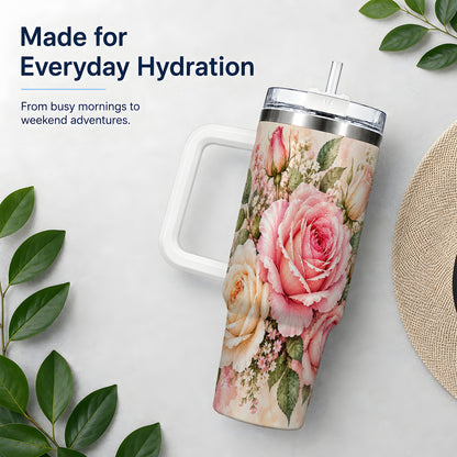 Pink Rose Floral Tumbler, 40oz Tumbler with Soft Watercolor Artwork
