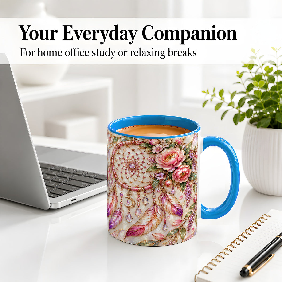 #pl[11oz|Blue] Floral Dreamcatcher Ceramic Mug, Pink Boho Artwork