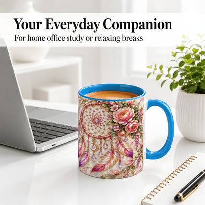#pl[11oz|Blue] Floral Dreamcatcher Ceramic Mug, Pink Boho Artwork