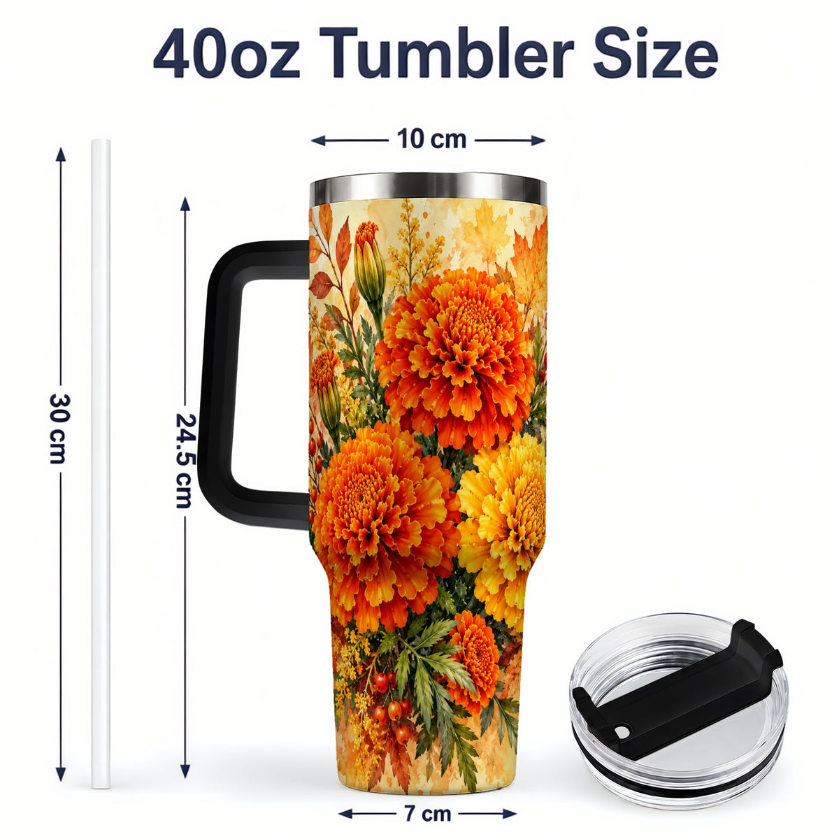 #pl[40oz|Black] Autumn Marigold Tumbler, 40oz Tumbler with Fall Botanical Artwork