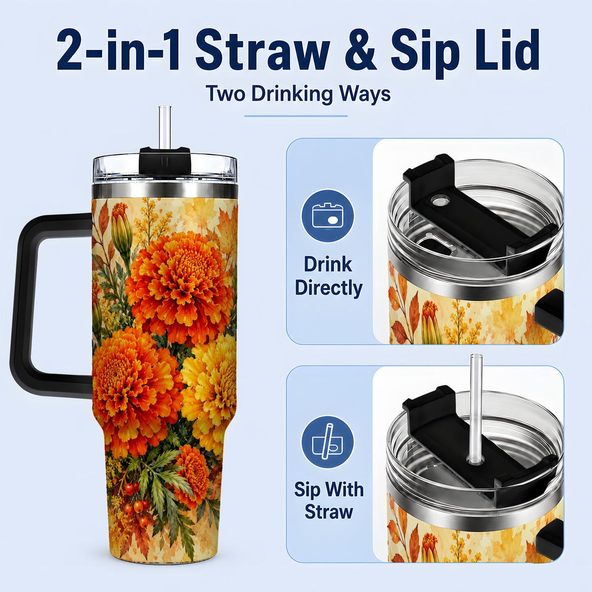 #pl[40oz|Black] Autumn Marigold Tumbler, 40oz Tumbler with Fall Botanical Artwork