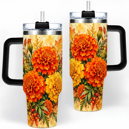 #pl[40oz|Black] Autumn Marigold Tumbler, 40oz Tumbler with Fall Botanical Artwork