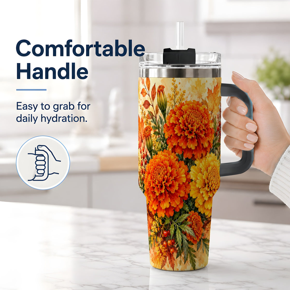 #pl[40oz|Black] Autumn Marigold Tumbler, 40oz Tumbler with Fall Botanical Artwork