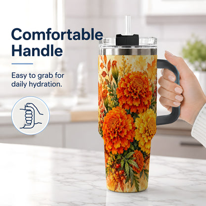 #pl[40oz|Black] Autumn Marigold Tumbler, 40oz Tumbler with Fall Botanical Artwork
