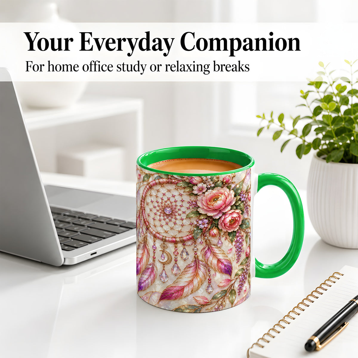 #pl[11oz|Green] Floral Dreamcatcher Ceramic Mug, Pink Boho Artwork