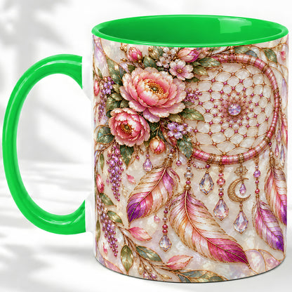 #pl[11oz|Green] Floral Dreamcatcher Ceramic Mug, Pink Boho Artwork