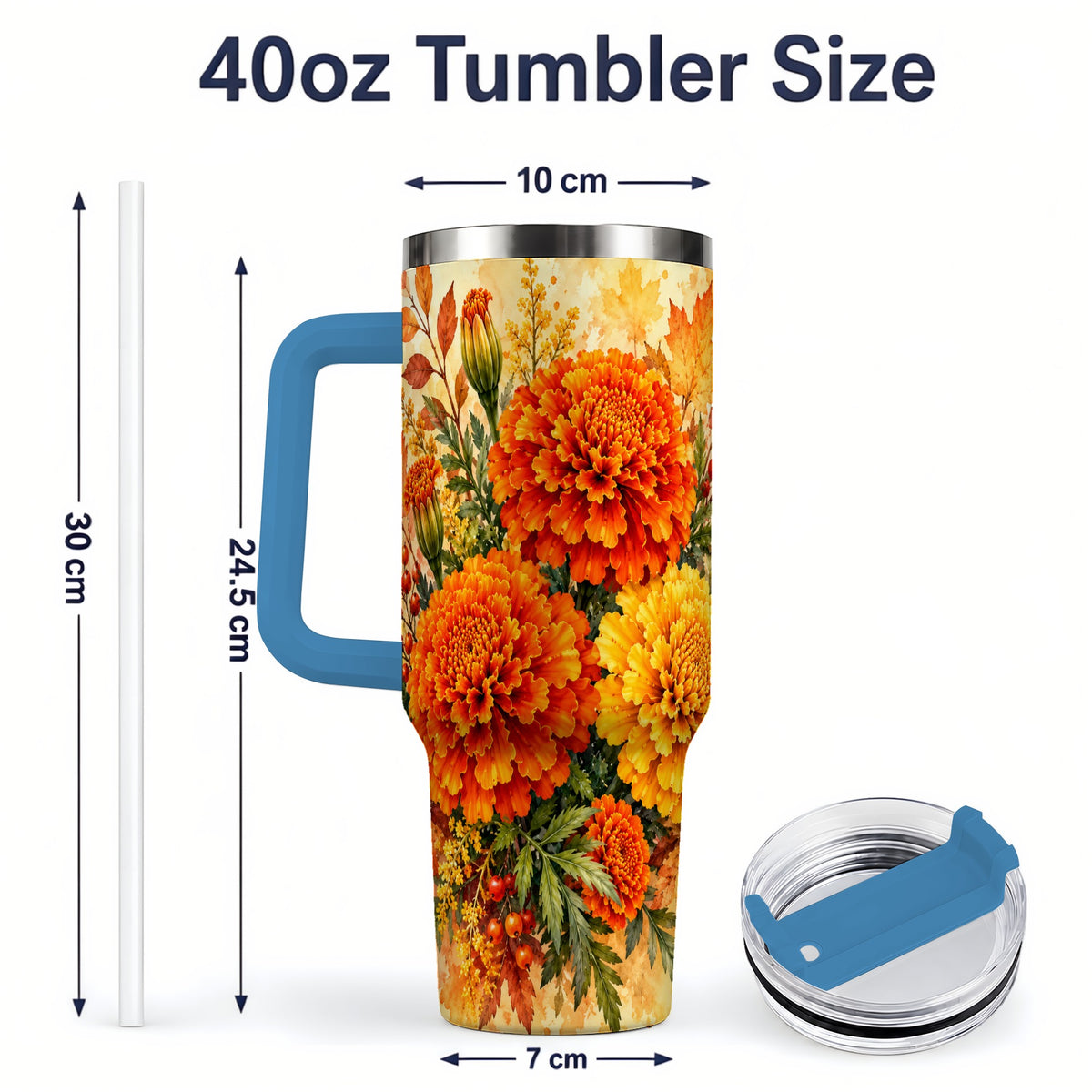 #pl[40oz|Blue] Autumn Marigold Tumbler, 40oz Tumbler with Fall Botanical Artwork
