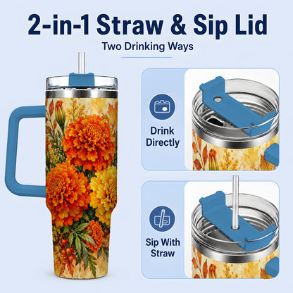 #pl[40oz|Blue] Autumn Marigold Tumbler, 40oz Tumbler with Fall Botanical Artwork