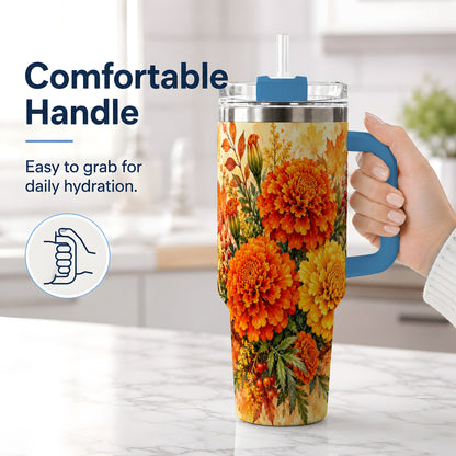 #pl[40oz|Blue] Autumn Marigold Tumbler, 40oz Tumbler with Fall Botanical Artwork