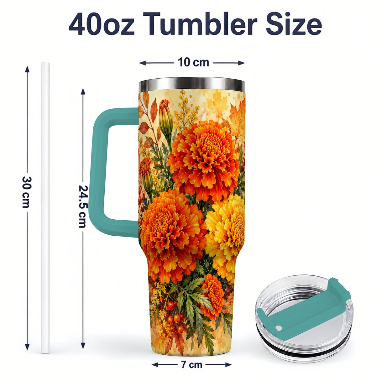 #pl[40oz|Green] Autumn Marigold Tumbler, 40oz Tumbler with Fall Botanical Artwork