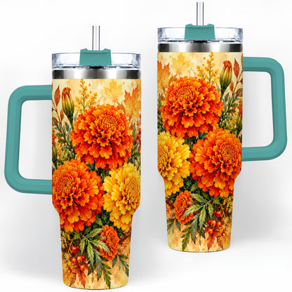 #pl[40oz|Green] Autumn Marigold Tumbler, 40oz Tumbler with Fall Botanical Artwork