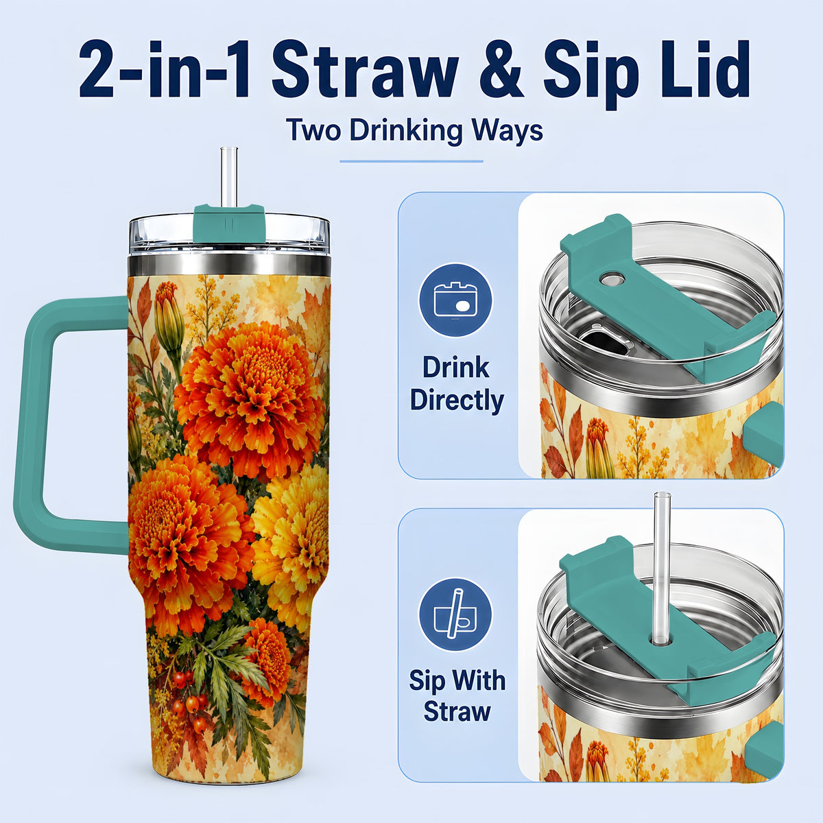 #pl[40oz|Green] Autumn Marigold Tumbler, 40oz Tumbler with Fall Botanical Artwork