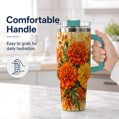 #pl[40oz|Green] Autumn Marigold Tumbler, 40oz Tumbler with Fall Botanical Artwork