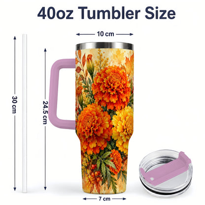 #pl[40oz|Pink] Autumn Marigold Tumbler, 40oz Tumbler with Fall Botanical Artwork