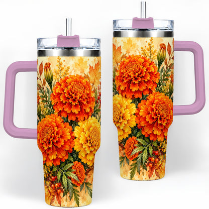 #pl[40oz|Pink] Autumn Marigold Tumbler, 40oz Tumbler with Fall Botanical Artwork