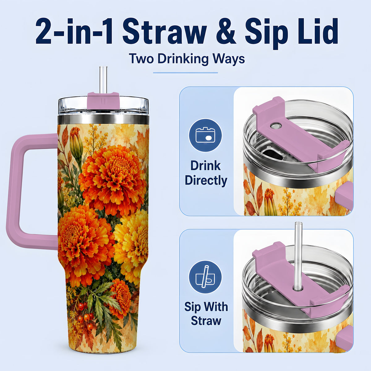 #pl[40oz|Pink] Autumn Marigold Tumbler, 40oz Tumbler with Fall Botanical Artwork