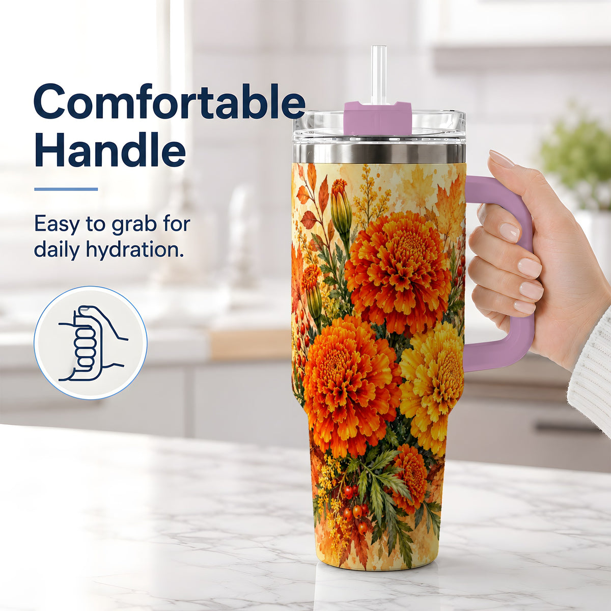 #pl[40oz|Pink] Autumn Marigold Tumbler, 40oz Tumbler with Fall Botanical Artwork