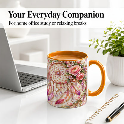 #pl[11oz|Orange] Floral Dreamcatcher Ceramic Mug, Pink Boho Artwork