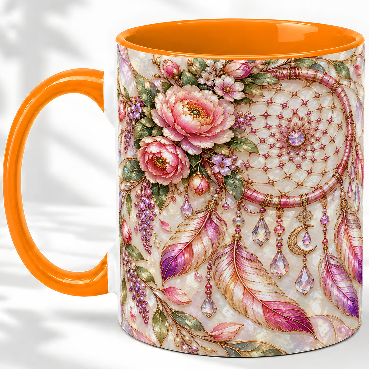 #pl[11oz|Orange] Floral Dreamcatcher Ceramic Mug, Pink Boho Artwork