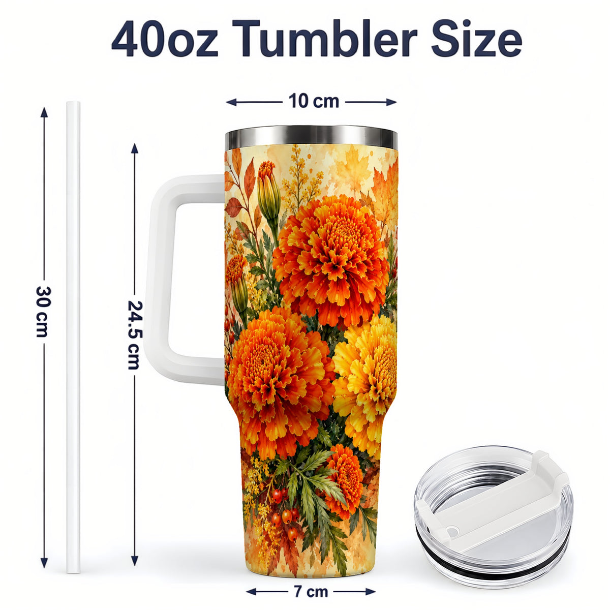 #pl[40oz|White] Autumn Marigold Tumbler, 40oz Tumbler with Fall Botanical Artwork