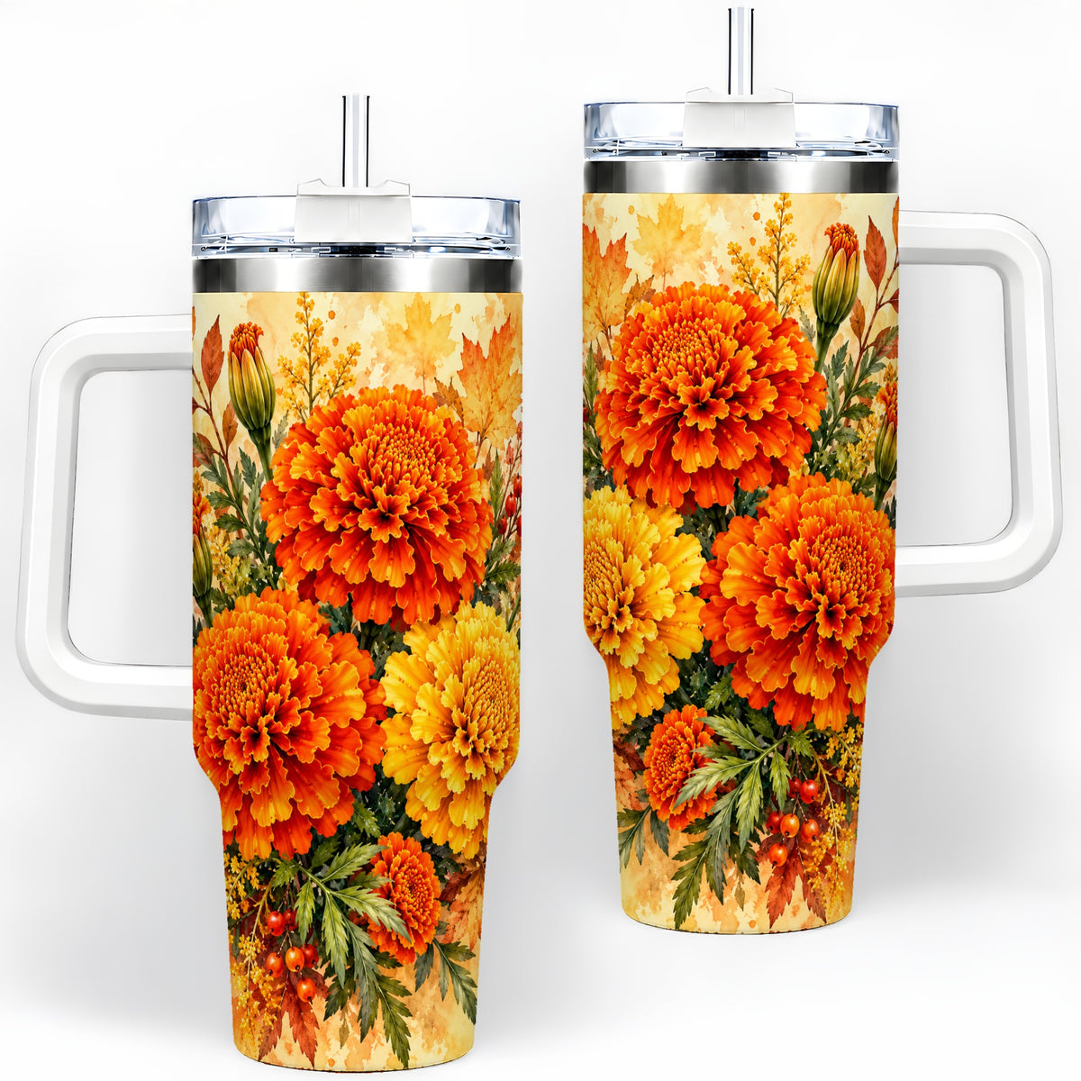 Autumn Marigold Tumbler, 40oz Tumbler with Fall Botanical Artwork