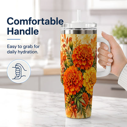 #pl[40oz|White] Autumn Marigold Tumbler, 40oz Tumbler with Fall Botanical Artwork
