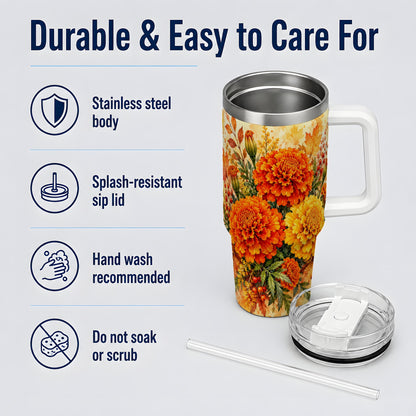 Autumn Marigold Tumbler, 40oz Tumbler with Fall Botanical Artwork