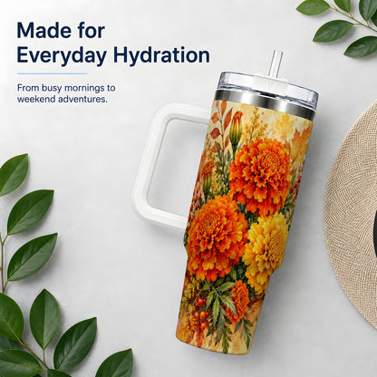 Autumn Marigold Tumbler, 40oz Tumbler with Fall Botanical Artwork